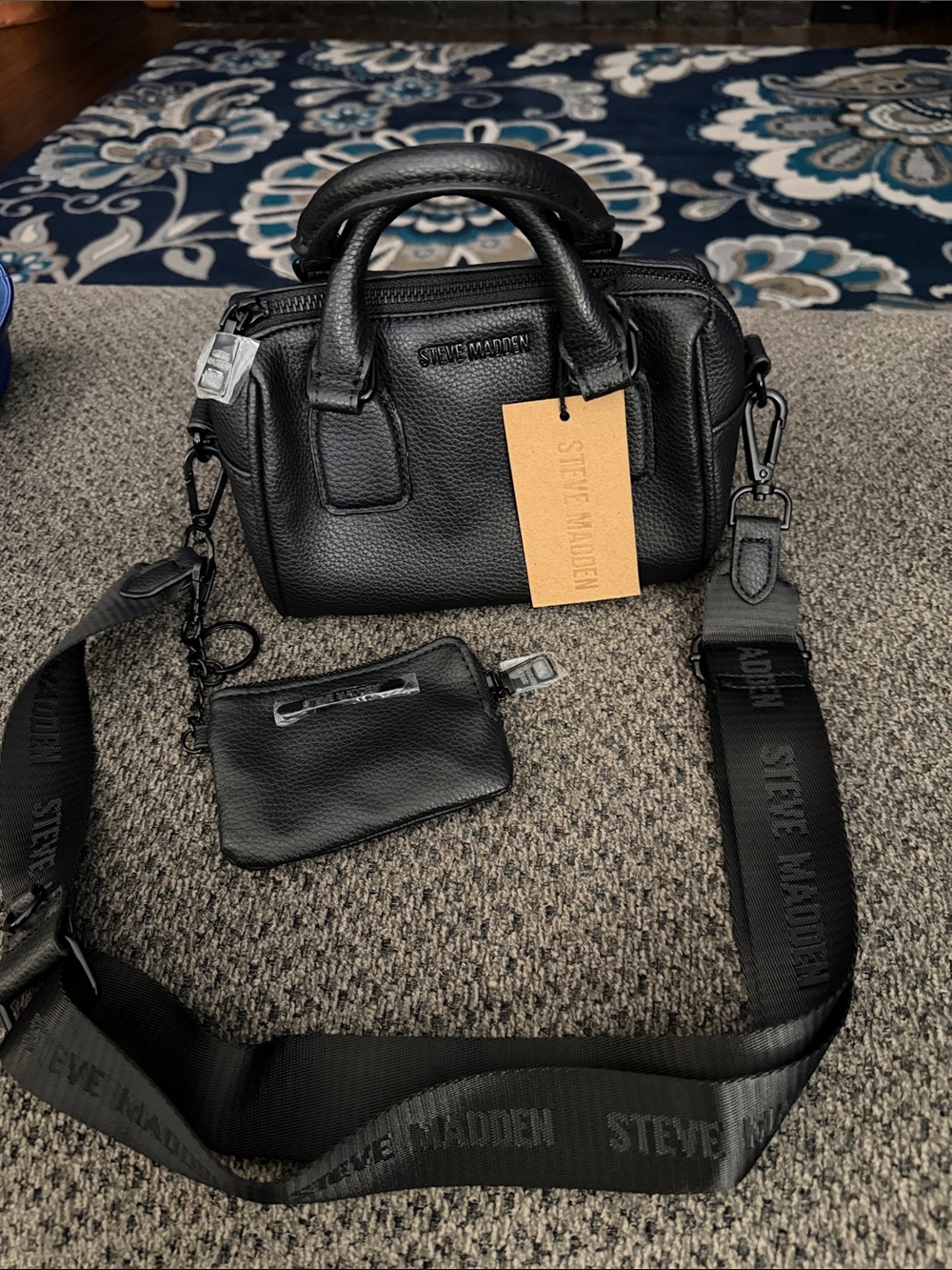 Steve Madden Black Pebbled Leather Mini Barrel  w/Strap and coin purse new